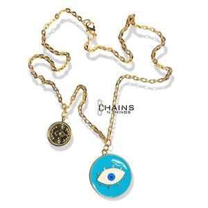 Blue Evil Eye Necklace thick chain 18.5" gold plated circle protection jewelry🧿